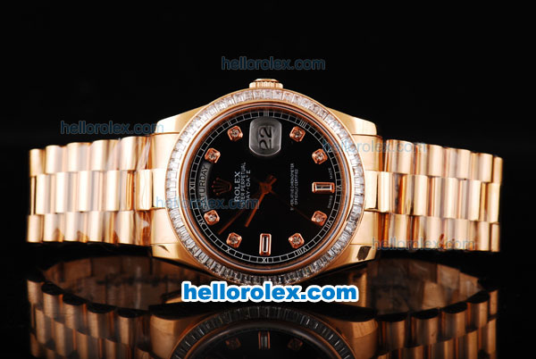 Rolex Day-Date Swiss ETA 2836 Automatic Movement Full Rose Gold Case/Strap with Black Dial and Diamond Bezel/Hour Marker - Click Image to Close